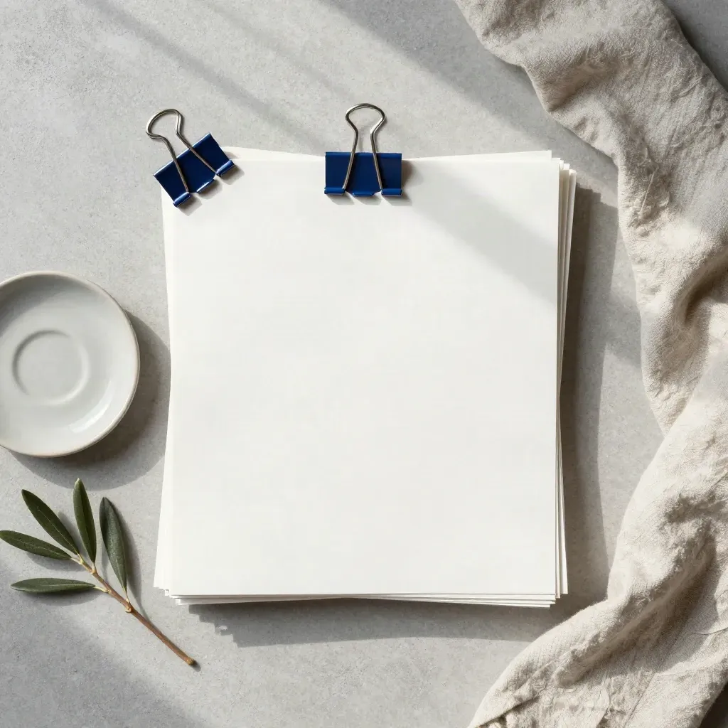 Blaue Klammer hält Papierstapel neben Schale, Olivenzweig und Leinen auf Beton.