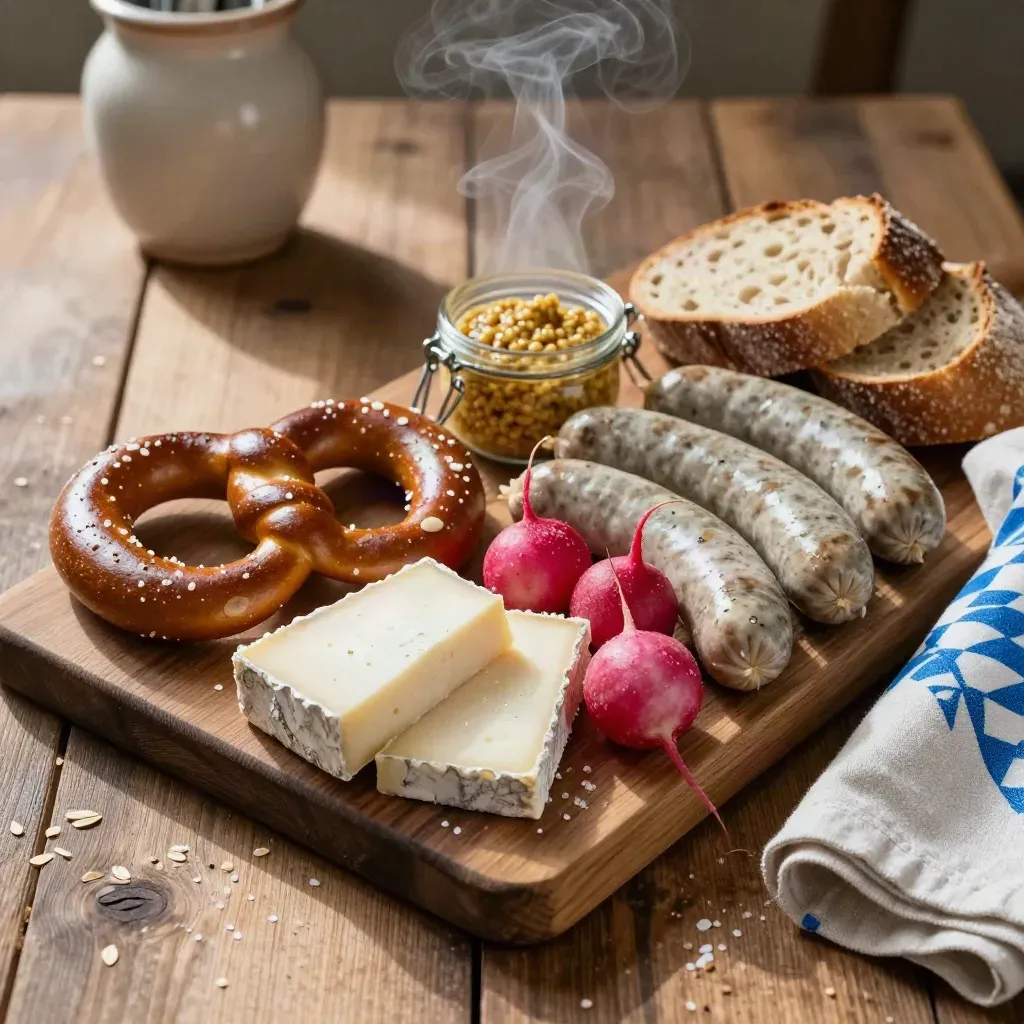 Brotzeitbrett mit Brezen, Radieschen, Würsten, Käse und Senf auf rustikalem Holz.