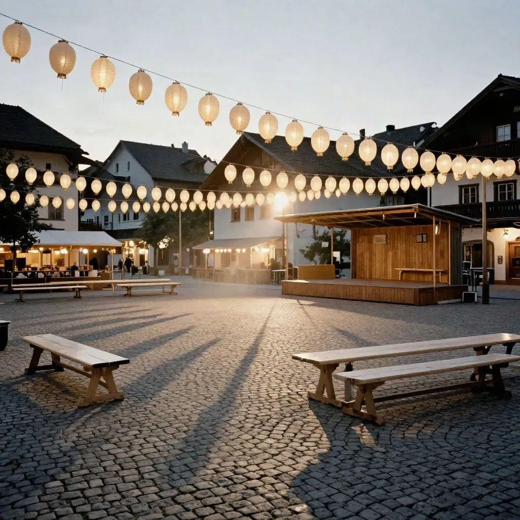 Bayerischer Festplatz am Abend mit Lichterketten, leerer Tanzfläche und kleiner Bühne.