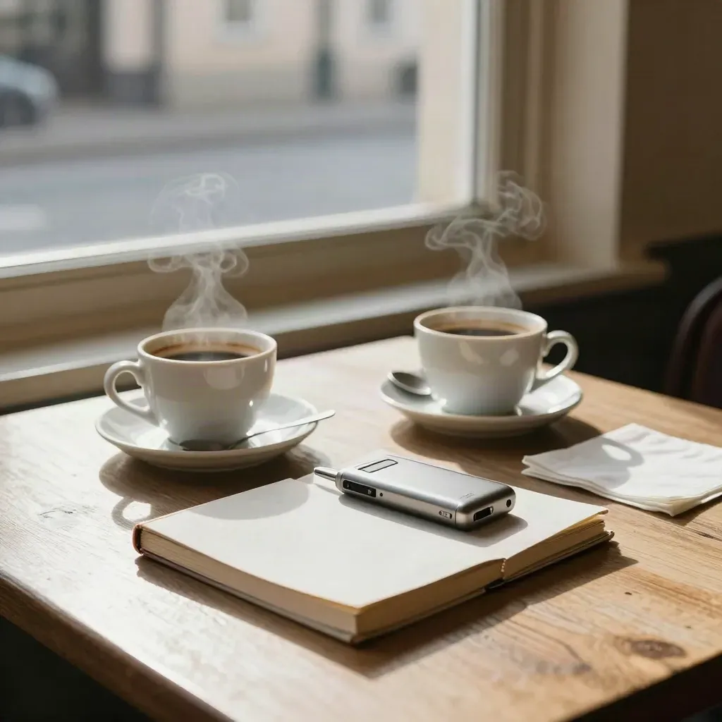 Interviewtisch im Dorfcafé mit zwei Tassen, Notizbuch und Recorder am Fenster.