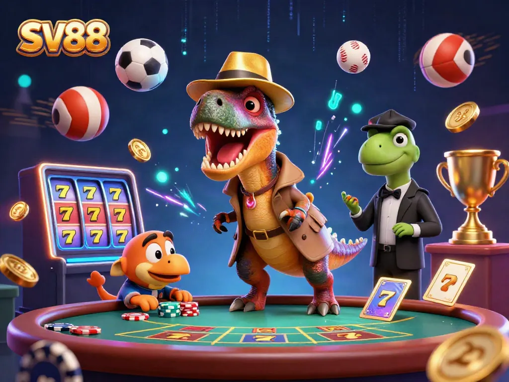 SV88 brings excitement with a velociraptor card counter and engaging slot reels in a lively casino atmosphere.