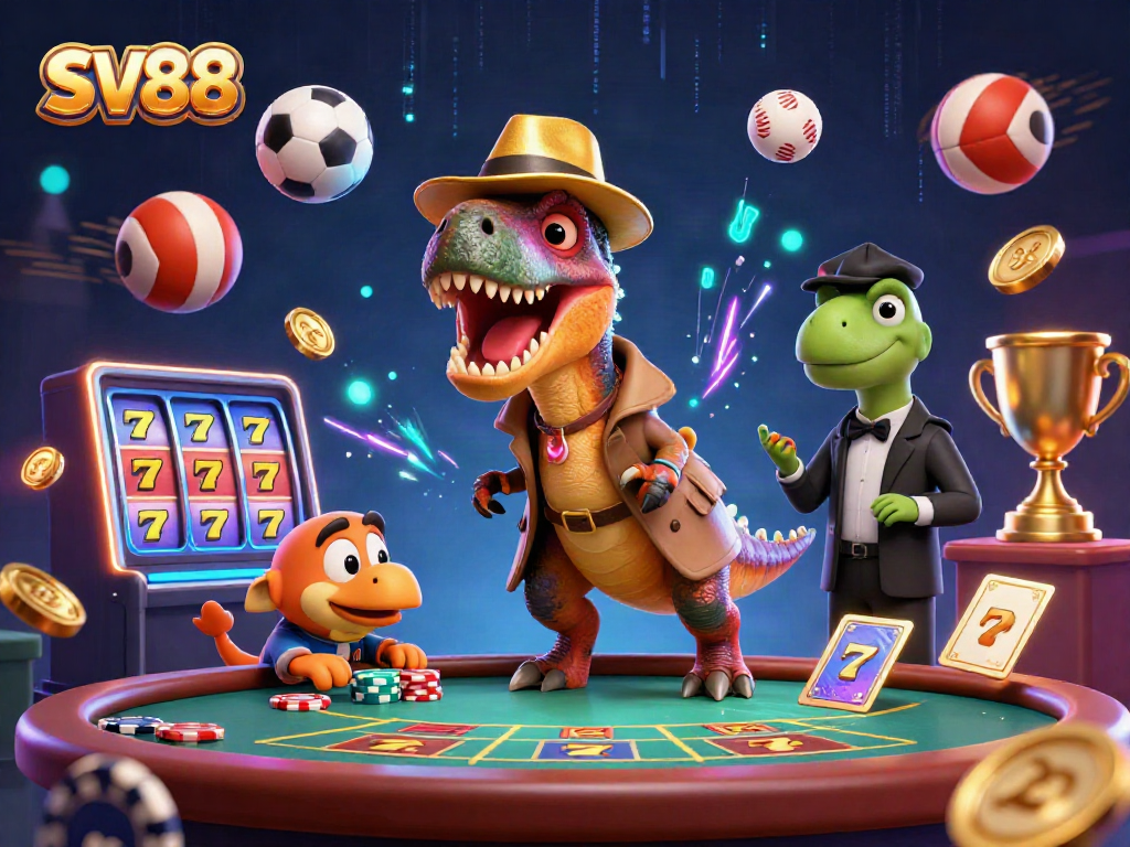 SV88 brings excitement with a velociraptor card counter and engaging slot reels in a lively casino atmosphere.