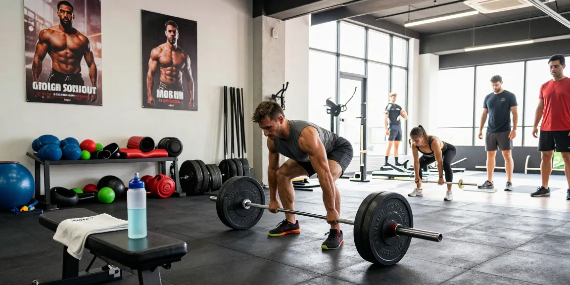 Kraftsportler hebt Gewichte im Anabolika Shop Deutschland Fitnessstudio und zeigt Stärke und Motivation in einem lebhaften Fitnessraum.