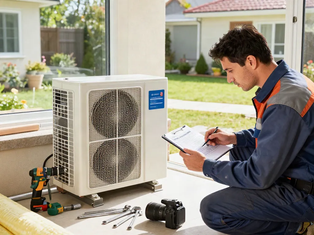 Techniker prüft Wärmepumpe Kosten bei Installation in einem Wohnhaus