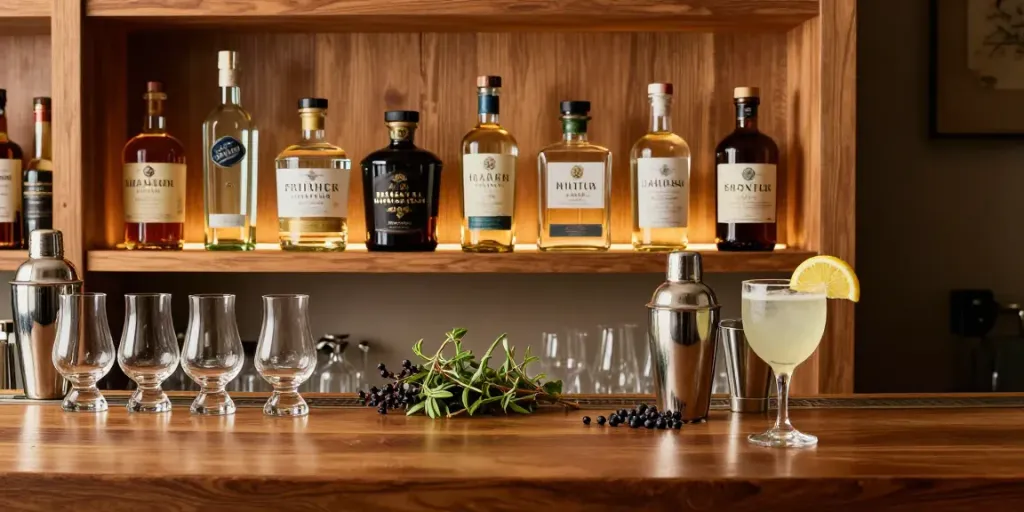 Entdecke die Gin Sammlung in einer stilvollen Hausbar mit botanischen Zutaten.