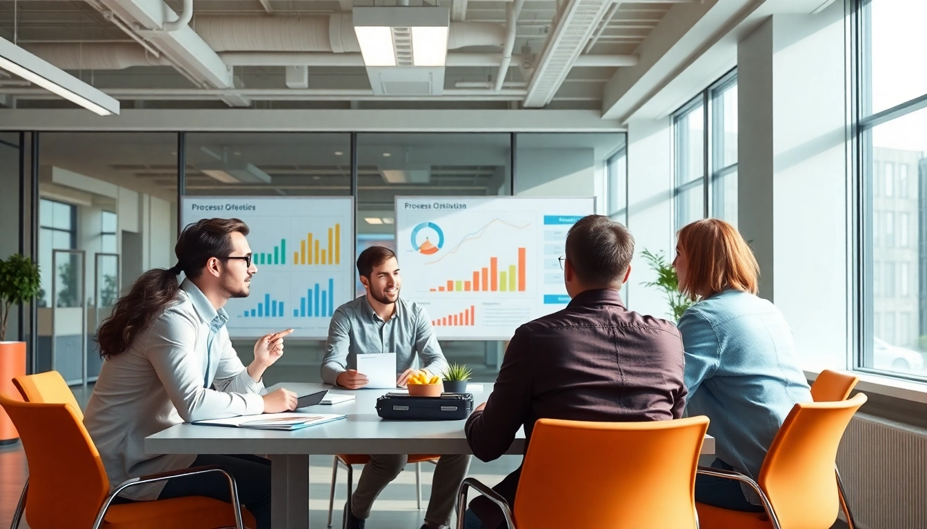Prozessoptimierung team enhancing workflows during a collaborative meeting with data-driven insights.