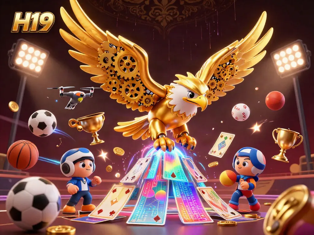 Experience thrilling gameplay at H19 with a dynamic 3D scene featuring a golden eagle amidst sports elements and holographic effects.