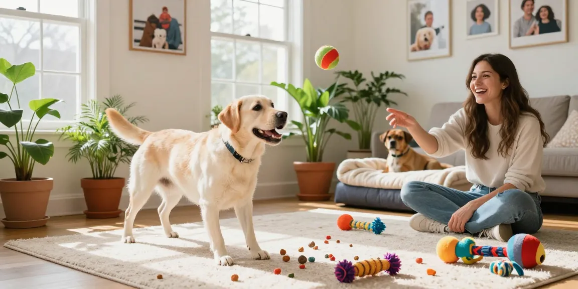 Owner playing fetch with a Labrador in a vibrant living room, showcasing rokok88 pet care.