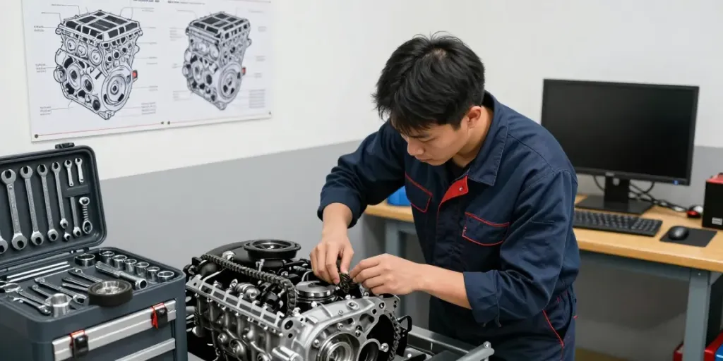 BMW Steuerkette Hannover in professioneller Werkstatt mit Mechaniker beim Überprüfen des Motors.