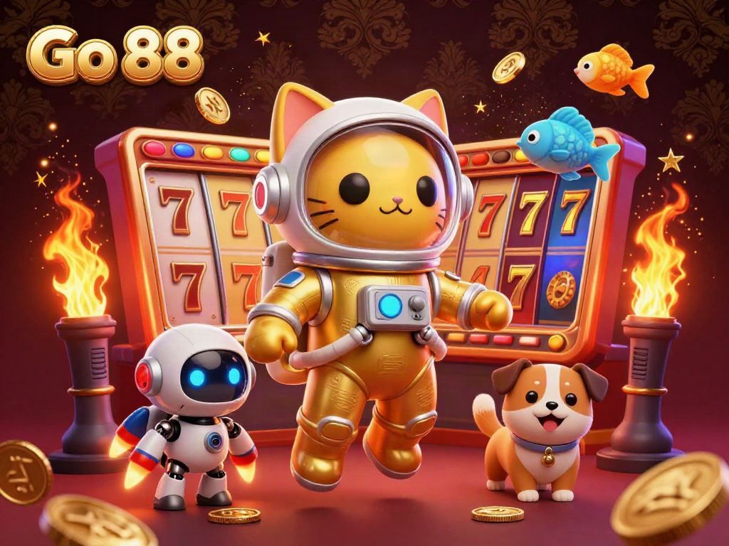Engage with Go 88 in a vibrant casino scene featuring a cartoon astronaut cat and dynamic gaming elements.