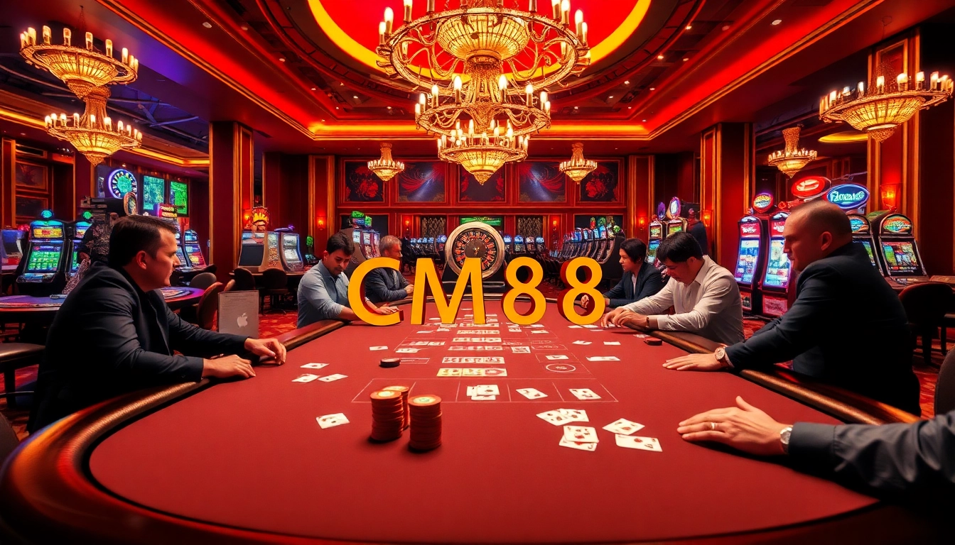 Exciting poker game scene featuring CM88 with vibrant casino elements like cards and chips.