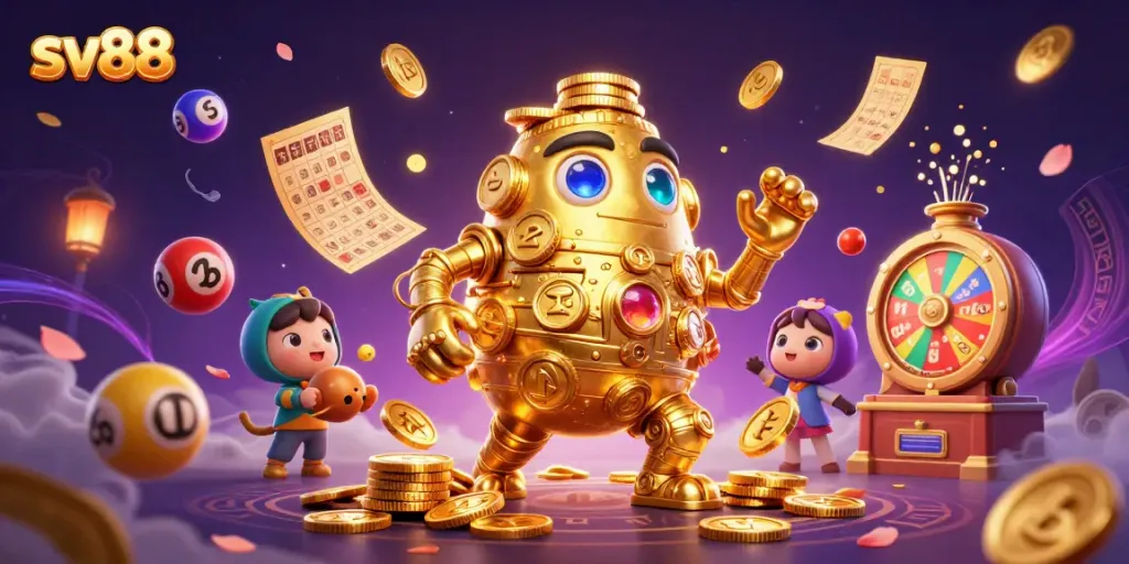 Experience thrilling games with sv88's dynamic golden golem surrounded by vibrant lottery elements.