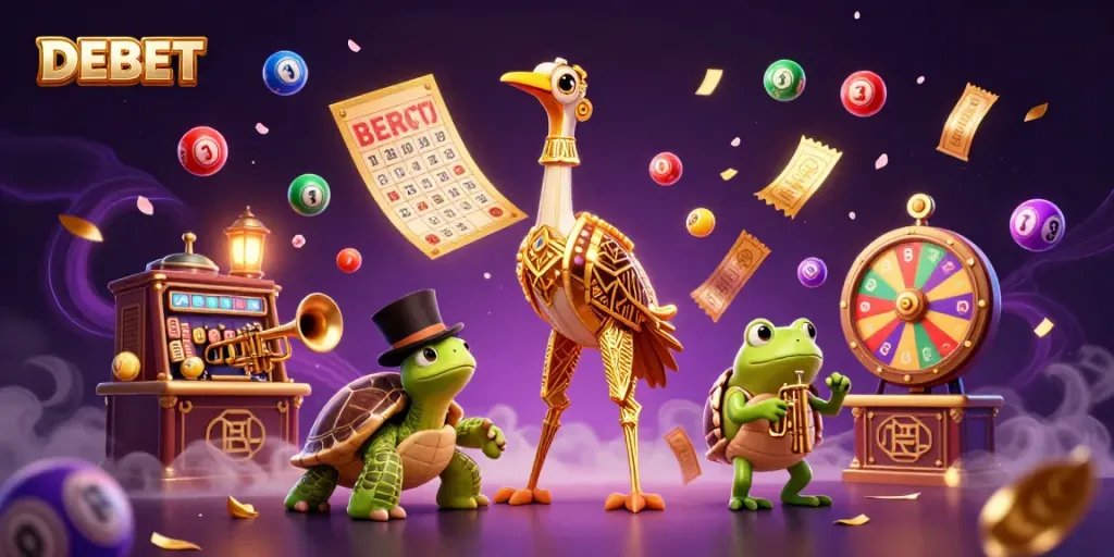 Engage in gaming excitement at DEBET with vibrant lottery balls and festive characters in a lively casino scene.