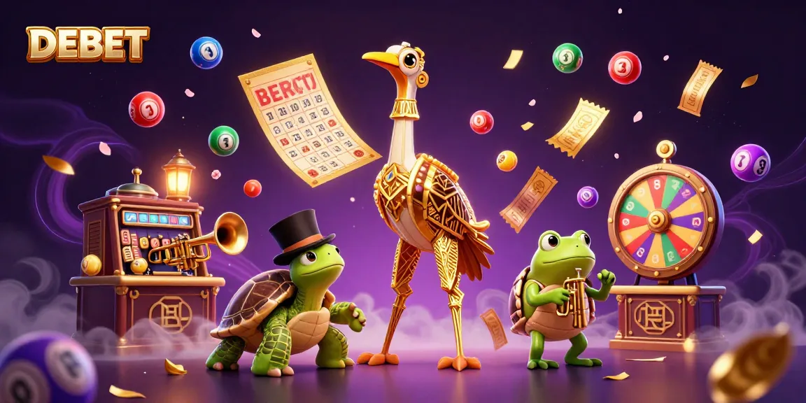 Engage in gaming excitement at DEBET with vibrant lottery balls and festive characters in a lively casino scene.