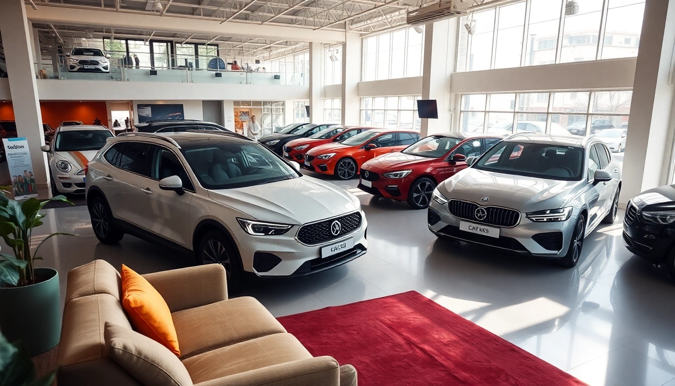 Auto kaufen - Präsentation von Fahrzeugen im modernen Autohaus mit hellem Licht.