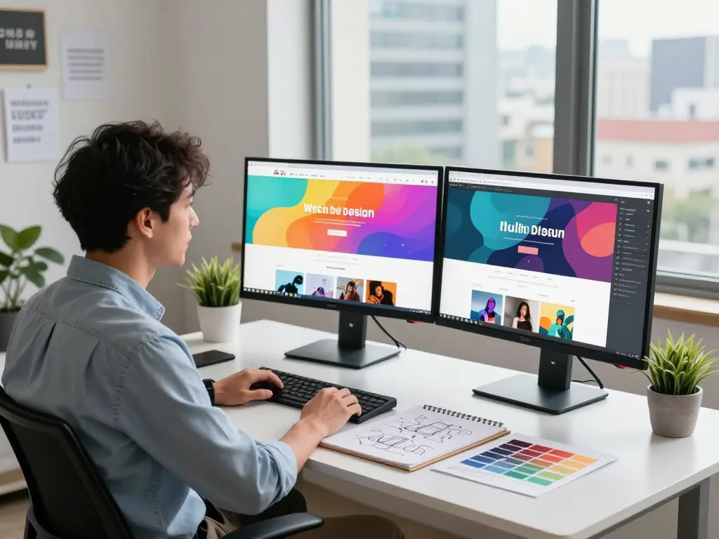 Web Design Berater berät in einem modernen Arbeitsumfeld mit Design-Tools und Stadtblick.