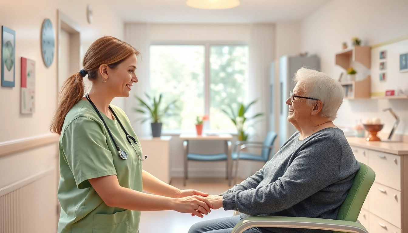 Engagierte Pflegefachkraft Hameln hilft einem Patienten in einer liebevollen Umgebung.