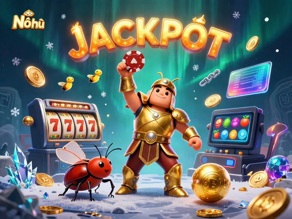 Nổ hũ winnings displayed in a vibrant 3D illustration featuring beetles and jackpot elements.