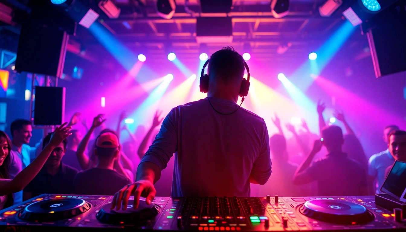 DJ aus München spielt in einem lebhaften Nachtclub mit bunten Lichtern und energiegeladenen Gästen.