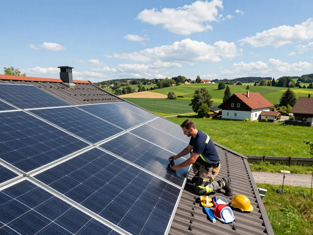 Photovoltaik Bayern Techniker inspiziert Solarpanels auf dem Dach in einer bayerischen Landschaft.