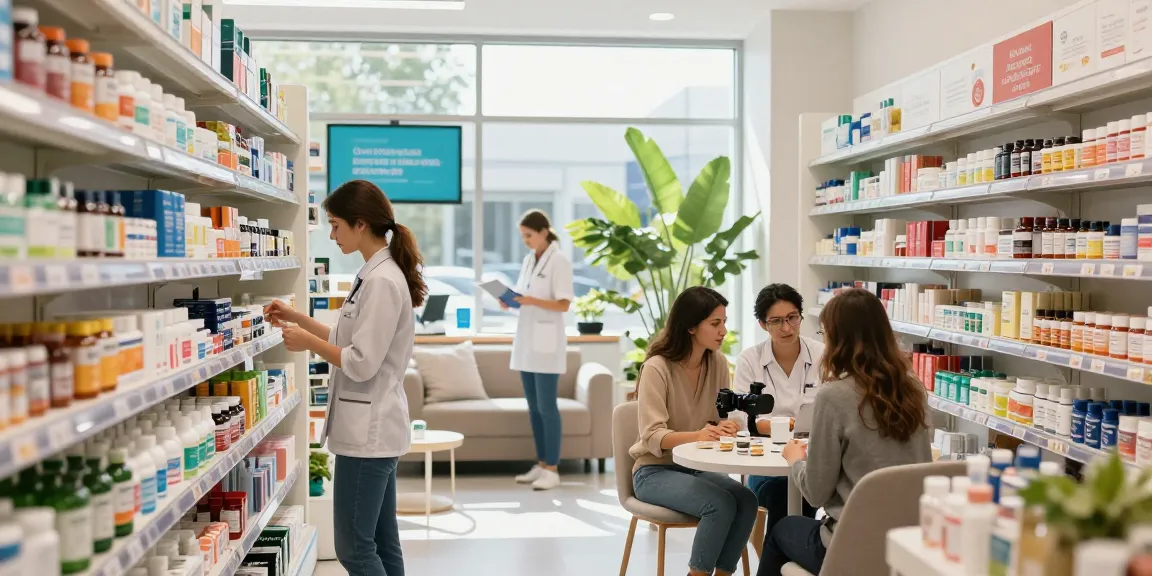 Kunden, die mit dem Personal im Medi Pharma Shop interagieren und Gesundheitsprodukte sowie Nahrungsergänzungsmittel erkunden.