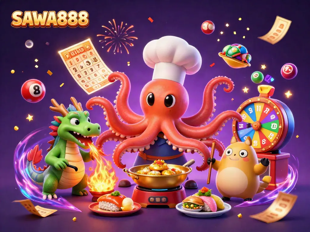 SAWA888 shows a vibrant scene with a chef octopus and dragon, highlighting dynamic casino elements.