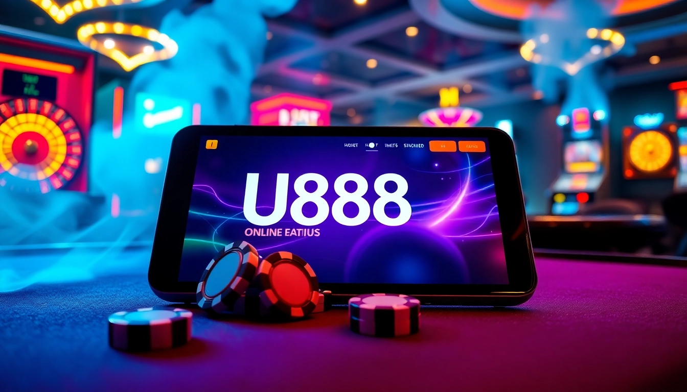u888 online gambling interface showcasing excitement with casino elements and poker chips.