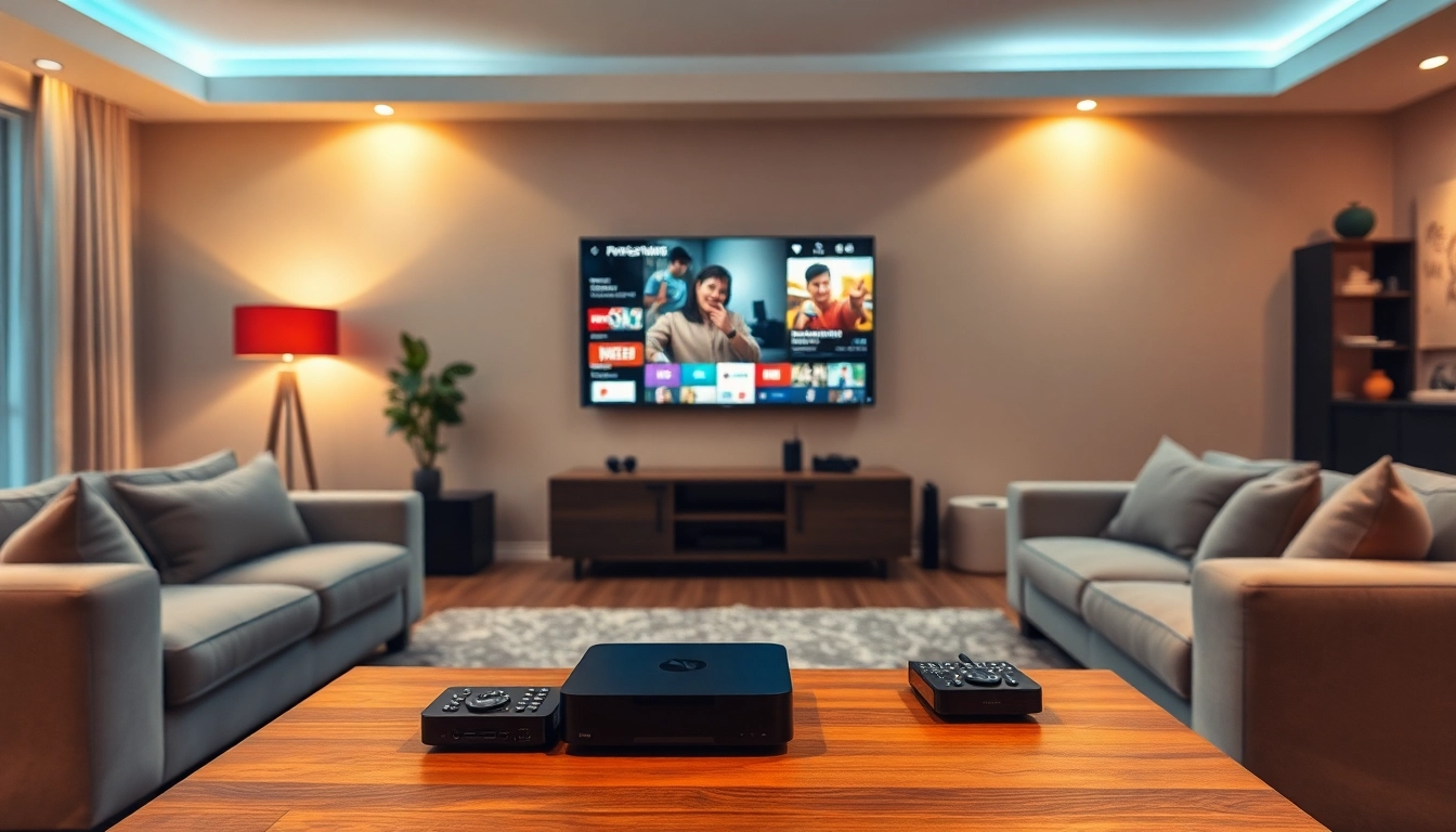 iptv kaufen in einer modernen Sitzecke mit einem großen Smart-TV und gemütlicher Atmosphäre.
