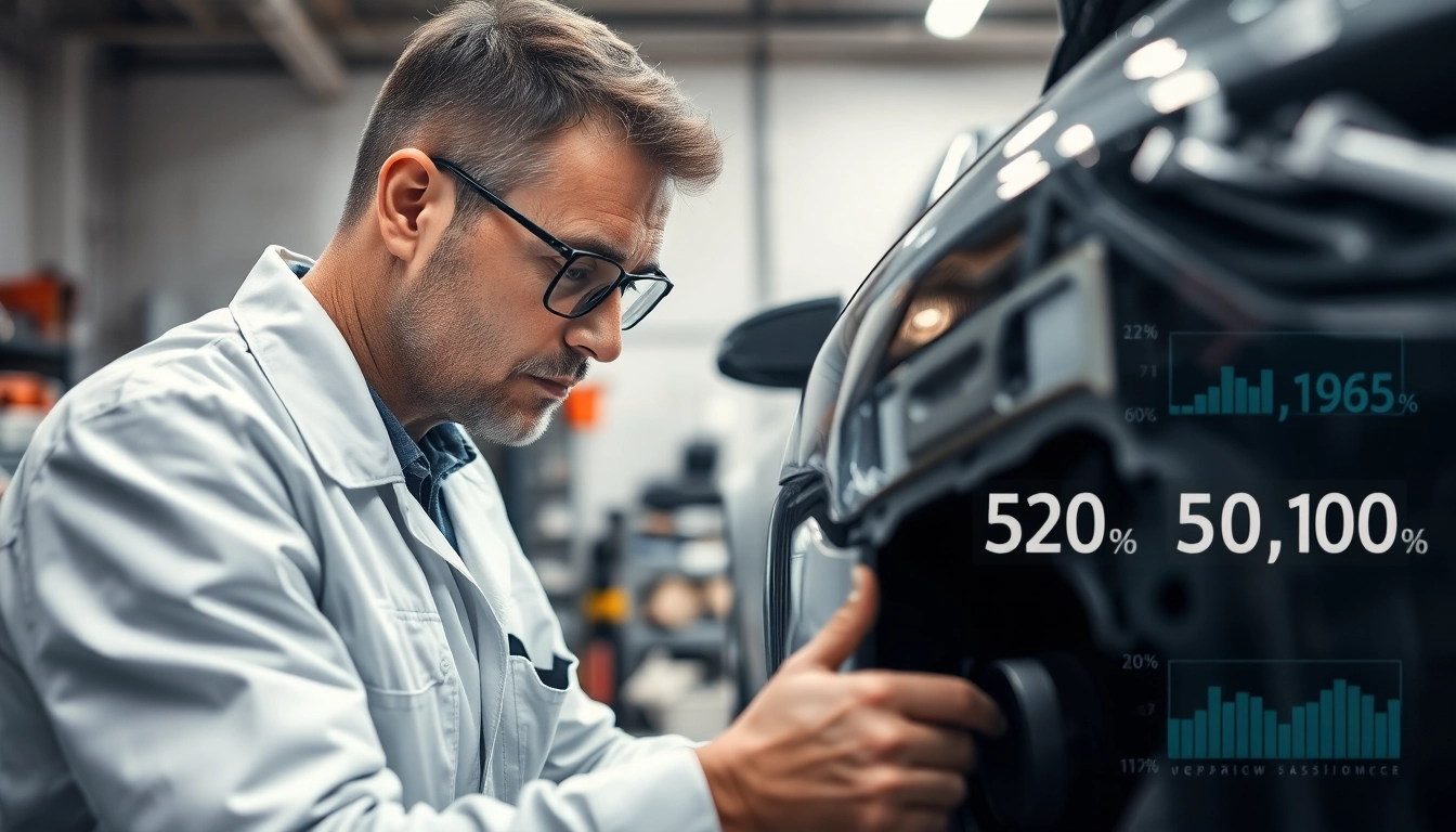 Motorschaden Ankauf: Expert evaluating a damaged vehicle in a professional workshop setting.