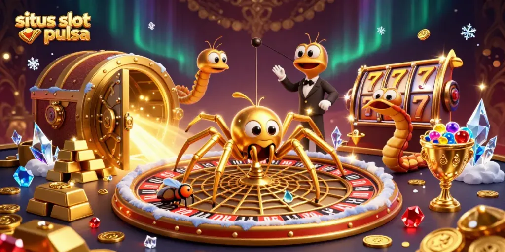 Experience the excitement of situs slot pulsa with a vibrant 3D illustration of golden spider and centipede croupier.