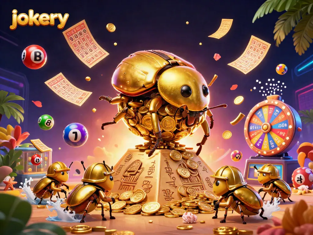 Experience the excitement of jokery at this vibrant 3D casino illustration, highlighting a golden dung beetle and dynamic gambling elements.