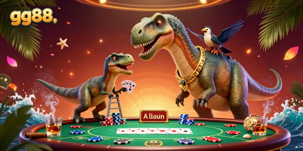Engage with gg88's vibrant casino atmosphere featuring a brontosaurus and a raptor in action.