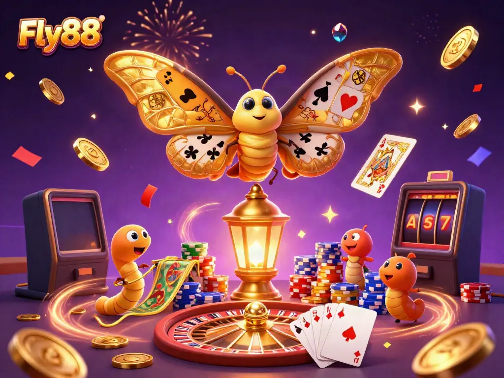 Fly88 showcases casino excitement with a 3D moth, golden coins, roulette wheel, and vibrant celebration elements.