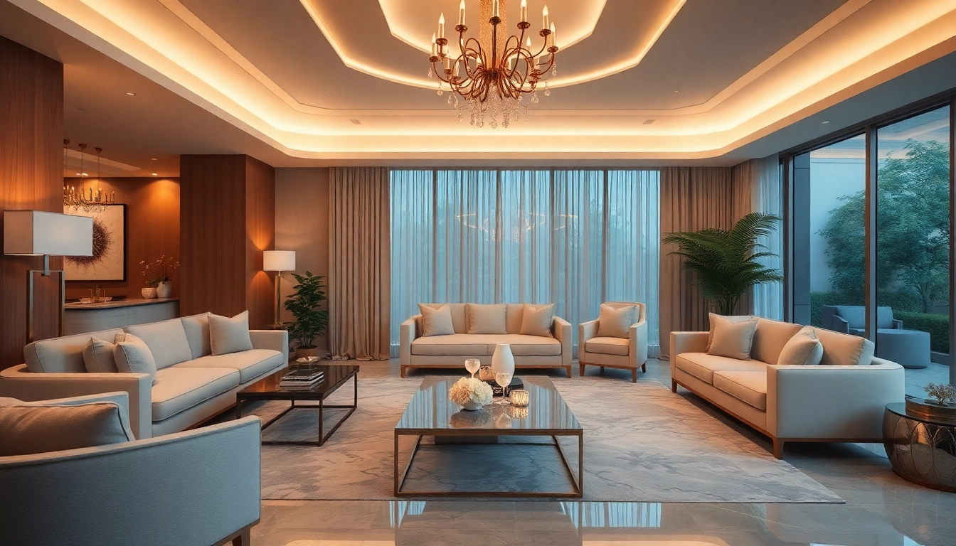 Luxury living room showcasing plush furnishings and ambient lighting for an opulent atmosphere.