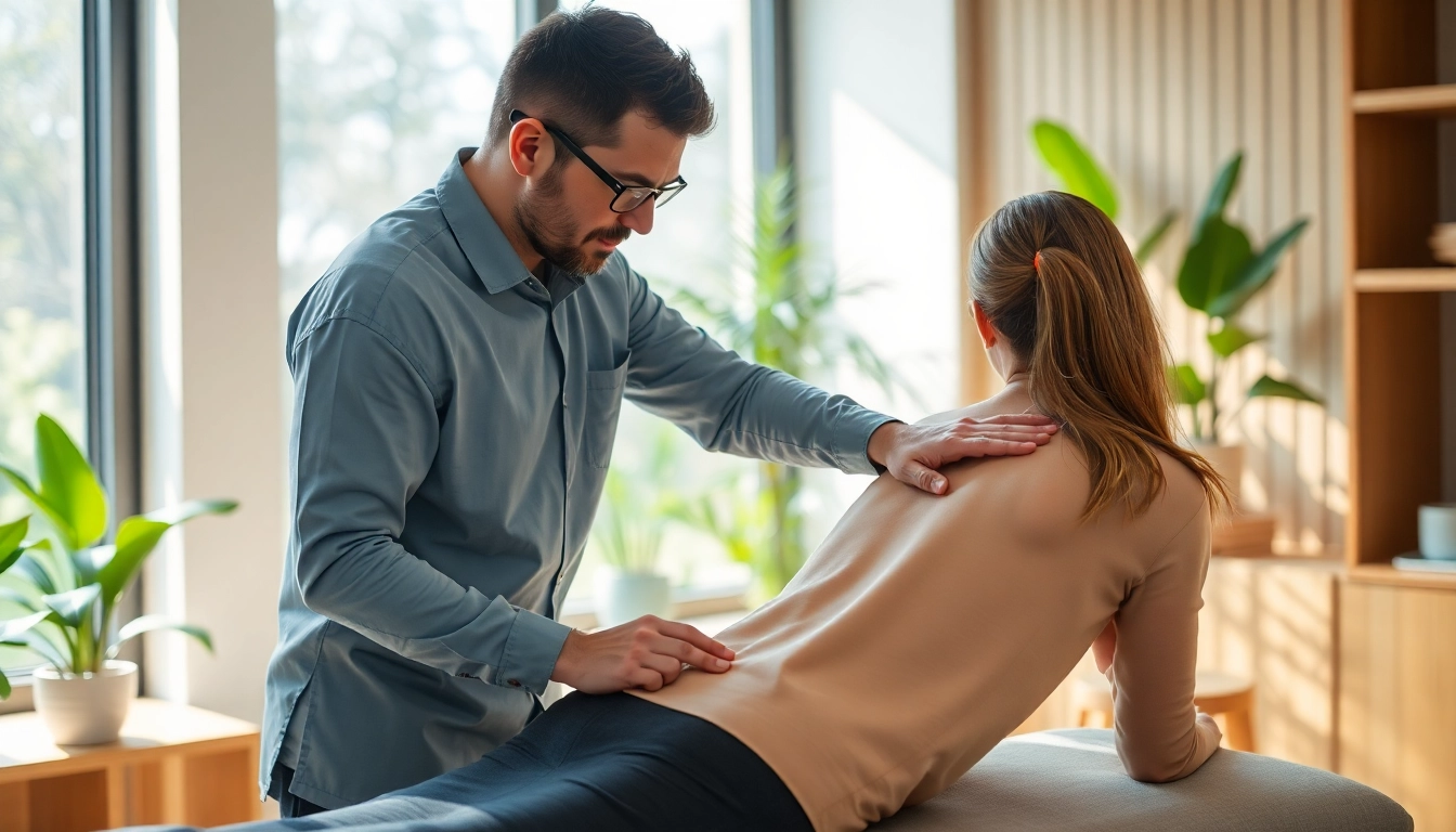 Osteopathie Kiel: Eine Osteopathin untersucht einen Patienten in einer beruhigenden Klinik.