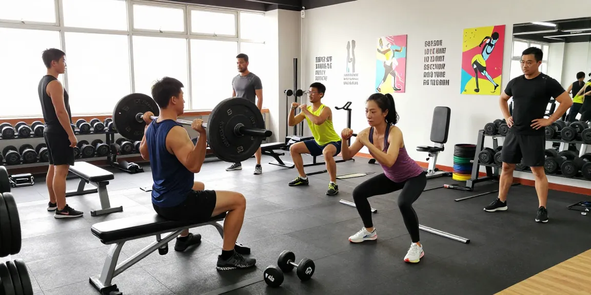 Krafttraining in einem modernen Fitnessstudio mit Körperbauern und Fitnessgeräten, Selliza Shop im Fokus.