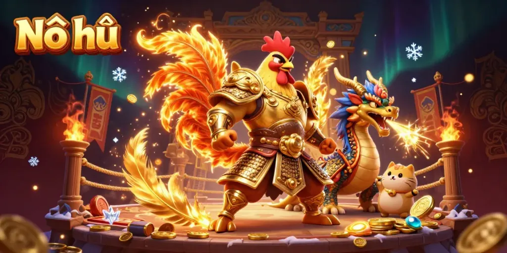 Experience Nổ hũ excitement with a powerful rooster warrior and dragon hatchling in a dynamic gambling scene.