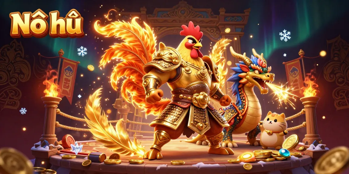 Experience Nổ hũ excitement with a powerful rooster warrior and dragon hatchling in a dynamic gambling scene.
