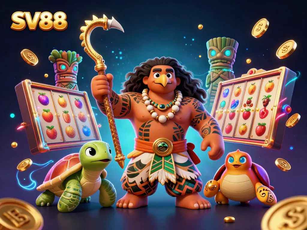 Engage with SV88's vibrant casino world featuring a hawk demigod and colorful slot elements.