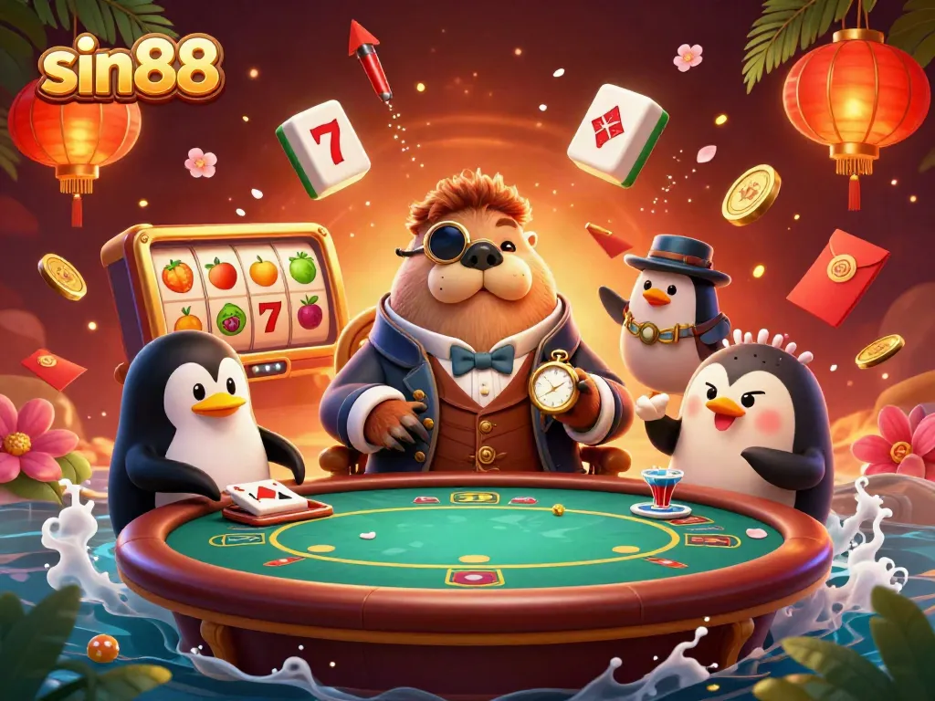 Sin88 showcases a jolly walrus playing poker alongside a sophisticated penguin and a bluffing pufferfish, capturing the excitement of casino gaming.