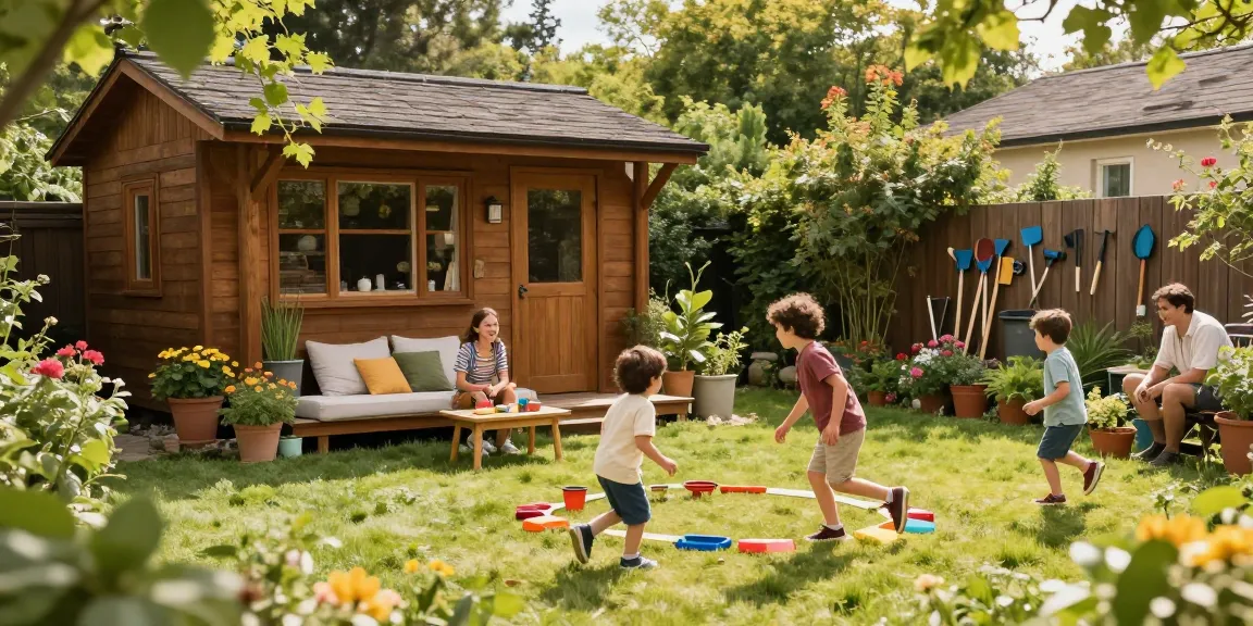 Hübsches Gartenhaus aus Holz im Familiengarten mit fröhlichen Kindern und bunten Blumen.