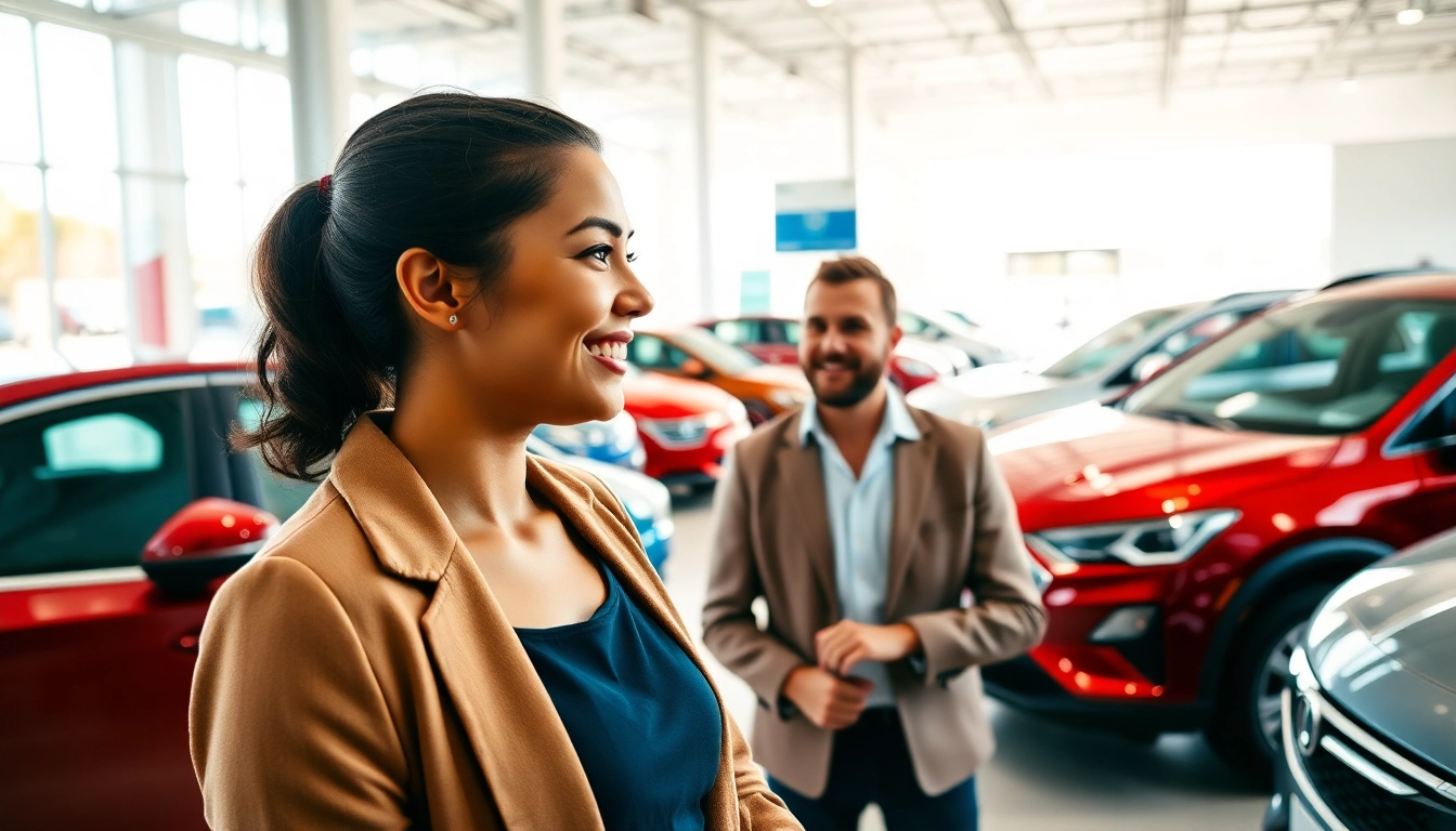 Auto kaufen: freundlicher Verkäufer interagiert mit Kunden im Autohaus.