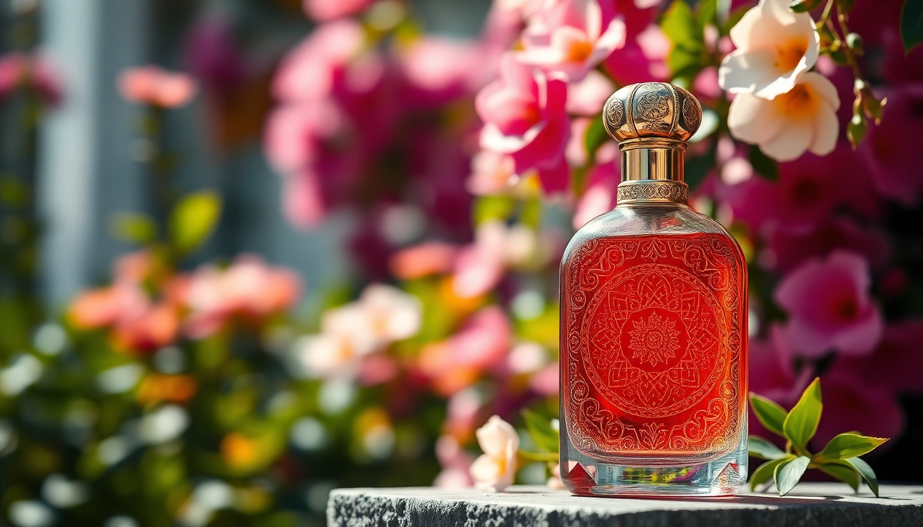 Marabika bietet einzigartige arabische Parfums in eleganter Flasche vor farbenfrohem Hintergrund an.