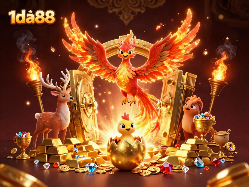 Experience the thrilling adventure of 1da88 as a phoenix soars and treasures burst forth in this vibrant casino illustration.