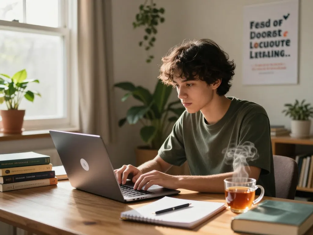 Student nutzt Hausaufgaben KI kostenlos in einem gemütlichen Arbeitszimmer, um das Lernen zu verbessern.