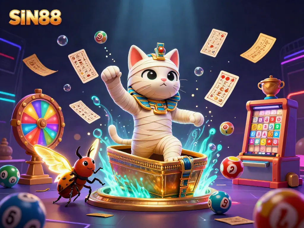 Experience thrilling gaming with SIN88 featuring a cartoon Egyptian mummy cat and vibrant casino elements.