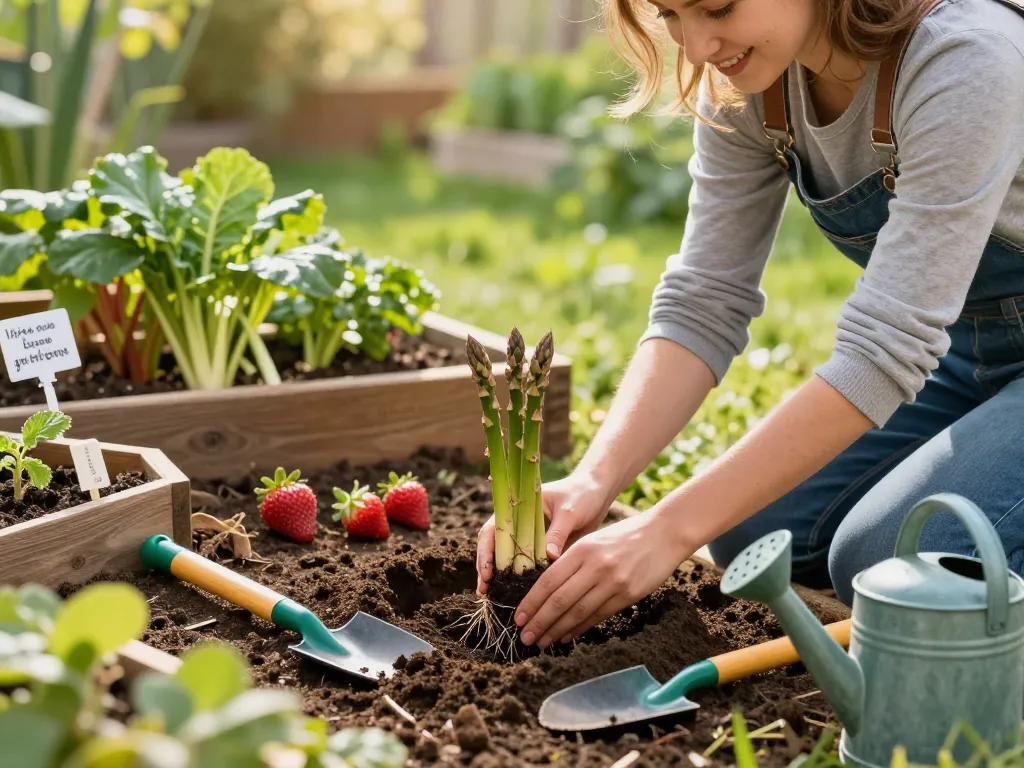 Gardener planting spargelpflanze seedlings in rich soil for a thriving spring garden.