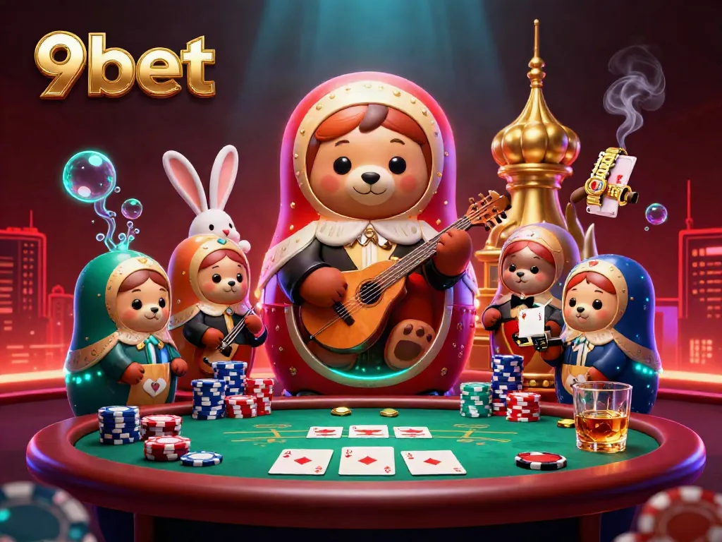 Experience the thrill of 9bet with this vibrant casino scene showcasing a playful bear family and gaming elements.
