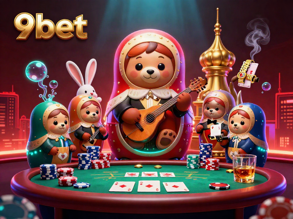 Experience the thrill of 9bet with this vibrant casino scene showcasing a playful bear family and gaming elements.