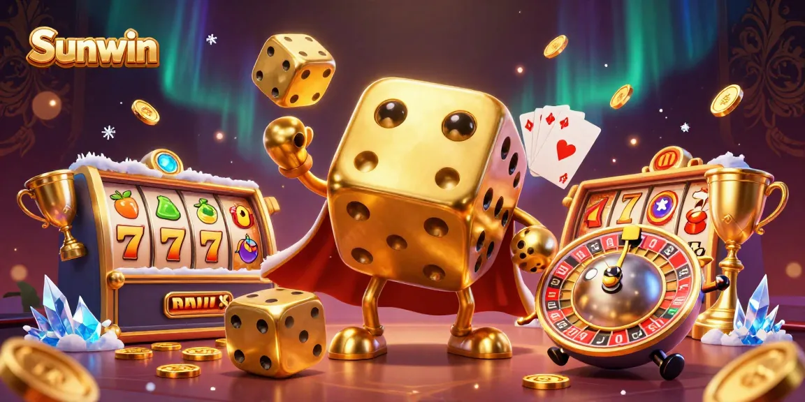 Experience thrilling gameplay at Sunwin with a vibrant 3D illustration showcasing dice, cards, and dynamic casino elements.